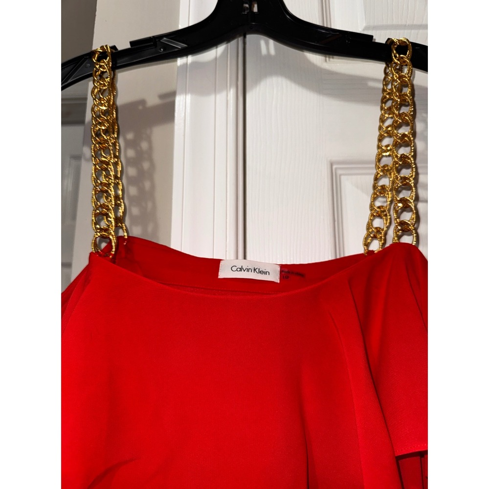 Calvin Klein Red Cold Shoulder Ruffle Chain Strap Mini Dress Size 10 - Picture 5 of 8